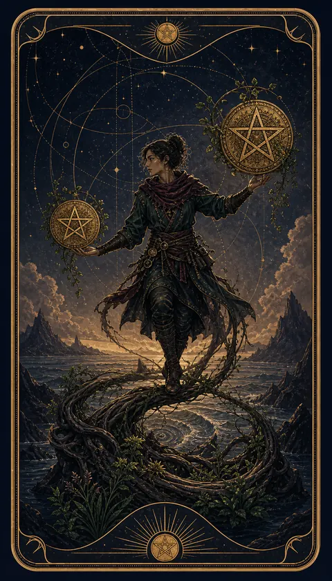 Ilustración celestial original de Mythborn para la carta Dos de Oros.