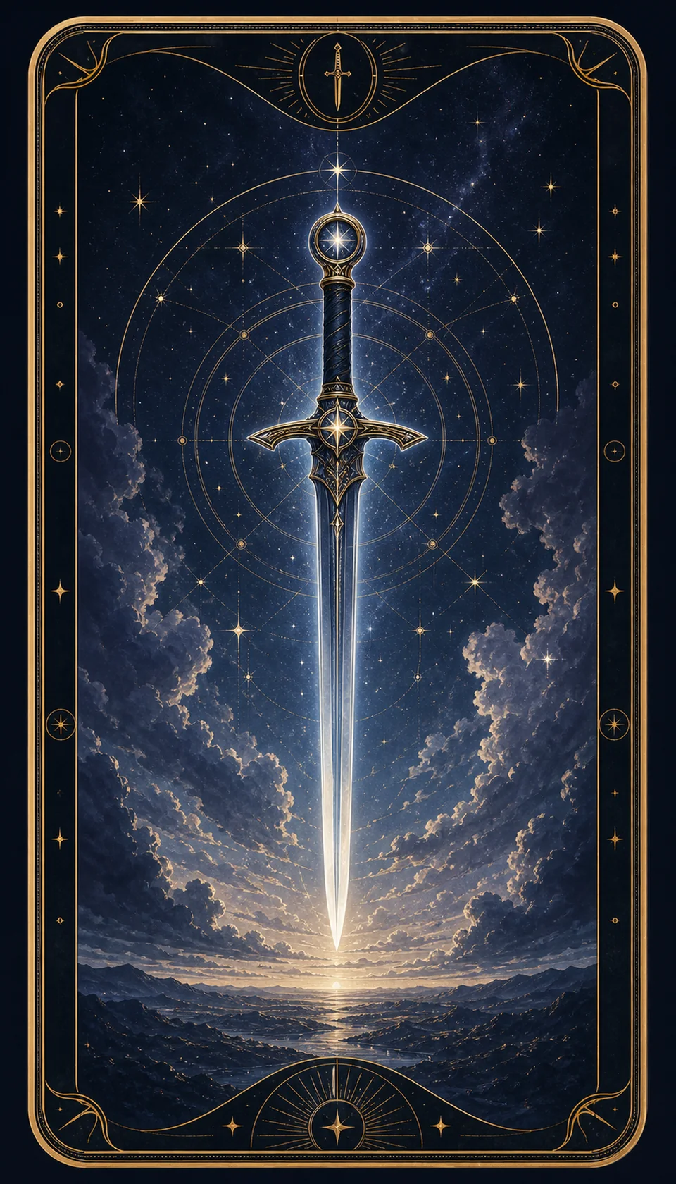 Ilustración celestial original de Mythborn para la carta As de Espadas.