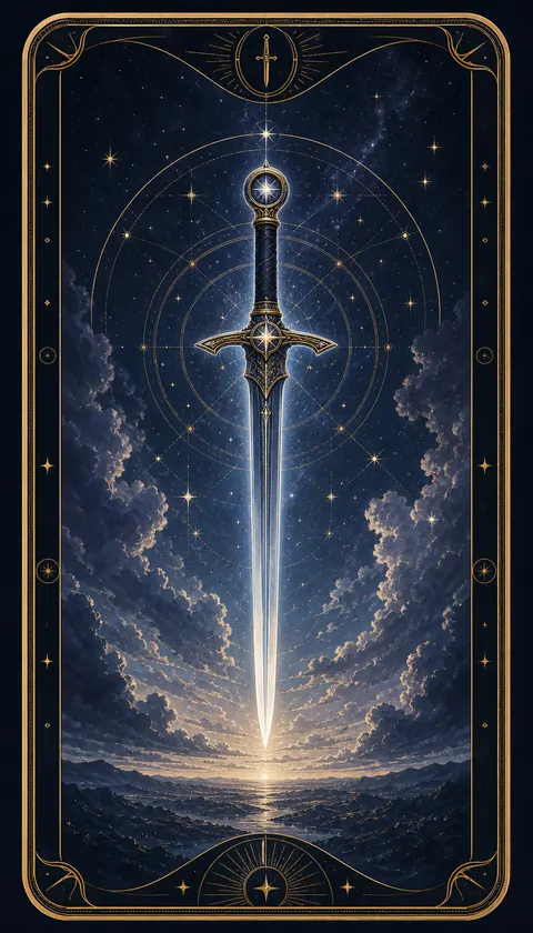Ilustración celestial original de Mythborn para la carta As de Espadas.