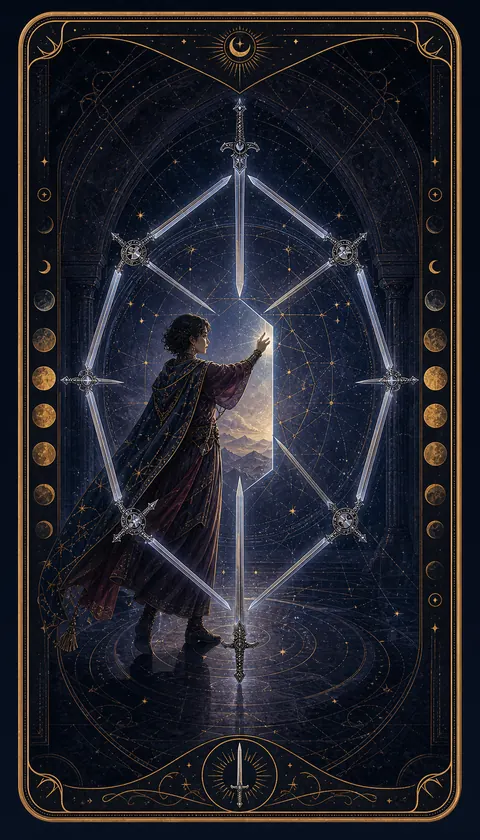 Ilustración celestial original de Mythborn para la carta Ocho de Espadas.