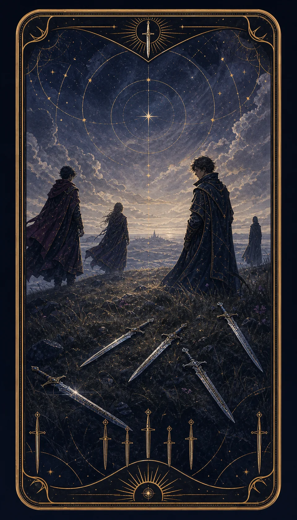 Ilustración celestial original de Mythborn para la carta Cinco de Espadas.