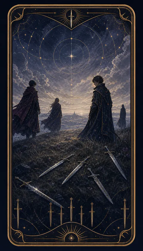 Ilustración celestial original de Mythborn para la carta Cinco de Espadas.
