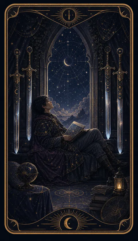 Ilustración celestial original de Mythborn para la carta Cuatro de Espadas.