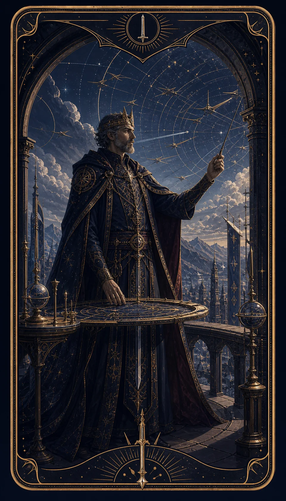 Ilustración celestial original de Mythborn para la carta Rey de Espadas.