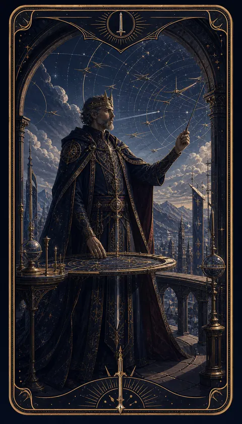 Ilustración celestial original de Mythborn para la carta Rey de Espadas.