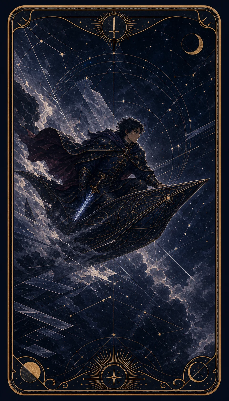 Ilustración celestial original de Mythborn para la carta Caballero de Espadas.