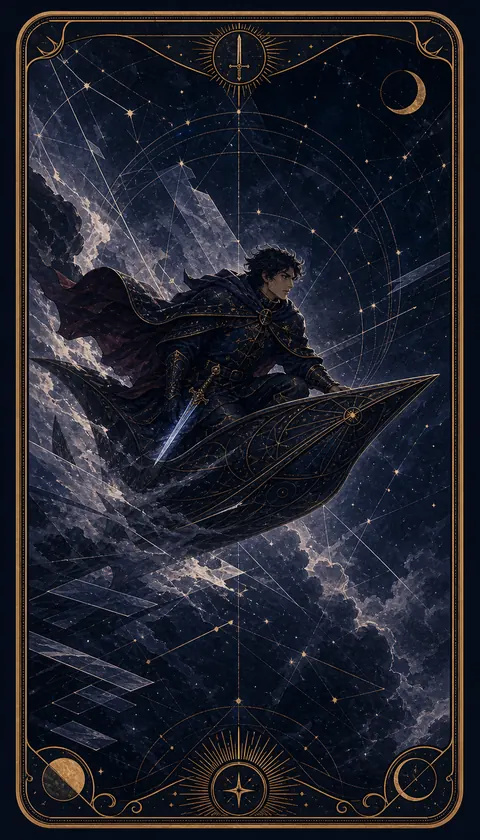 Ilustración celestial original de Mythborn para la carta Caballero de Espadas.