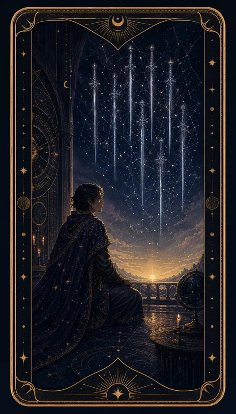Ilustración celestial original de Mythborn para la carta Nueve de Espadas.