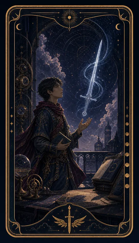 Ilustración celestial original de Mythborn para la carta Sota de Espadas.