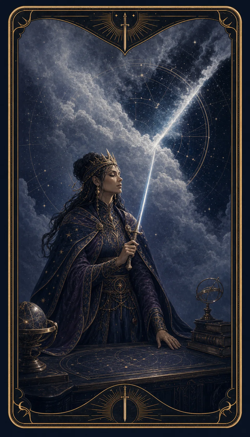 Ilustración celestial original de Mythborn para la carta Reina de Espadas.