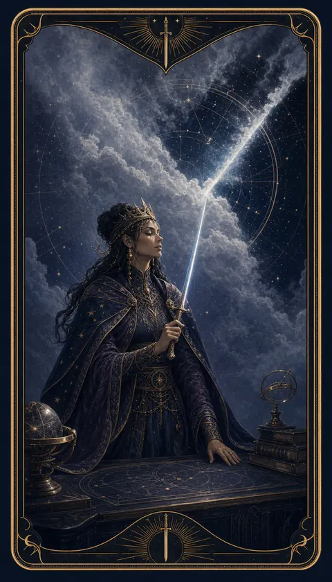 Ilustración celestial original de Mythborn para la carta Reina de Espadas.