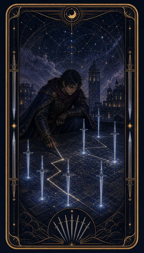 Ilustración celestial original de Mythborn para la carta Siete de Espadas.