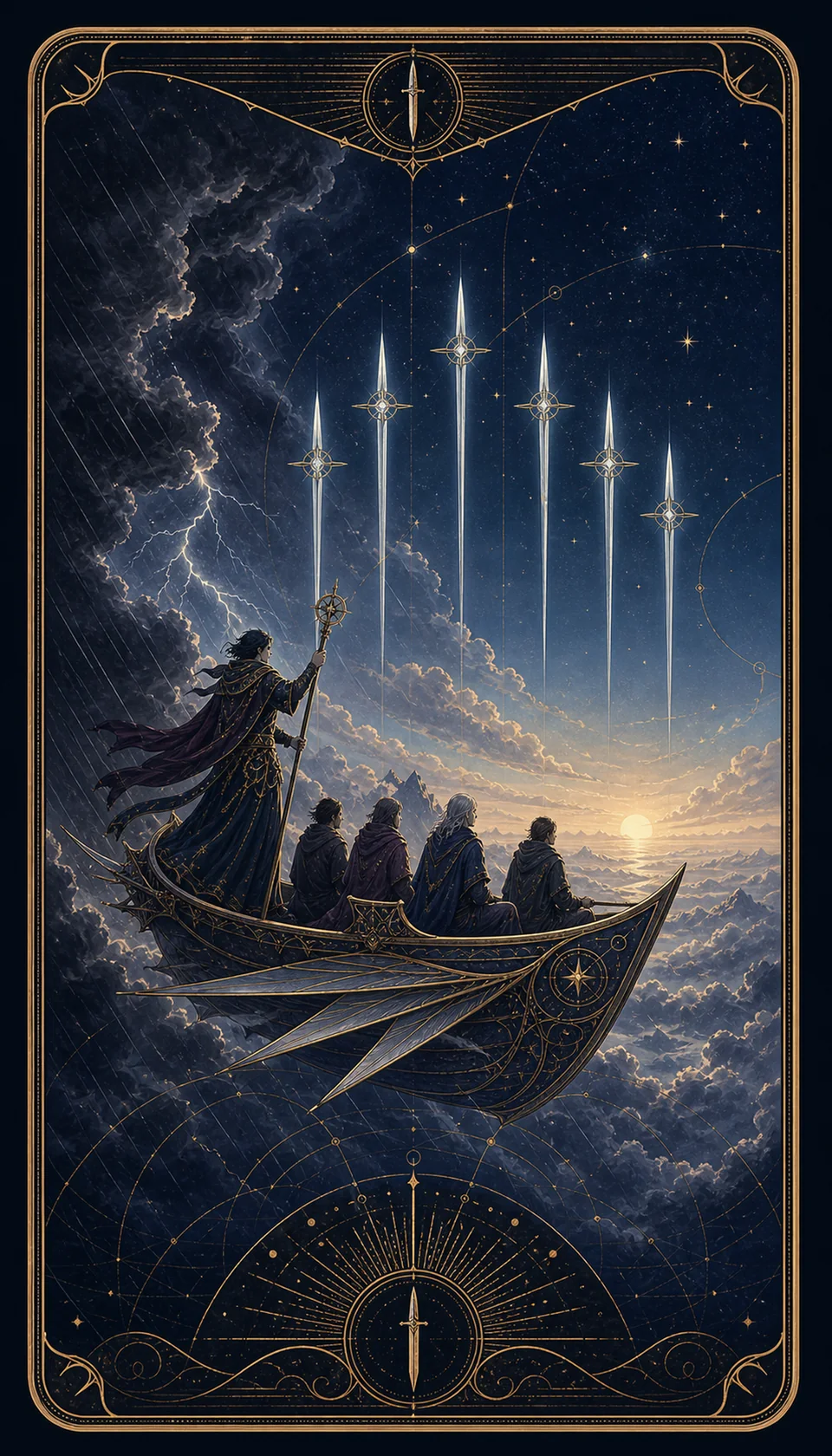 Ilustración celestial original de Mythborn para la carta Seis de Espadas.