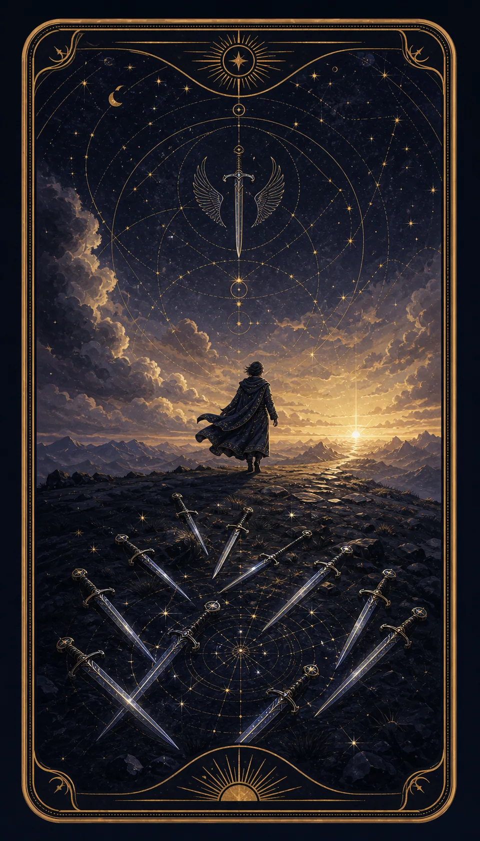 Ilustración celestial original de Mythborn para la carta Diez de Espadas.
