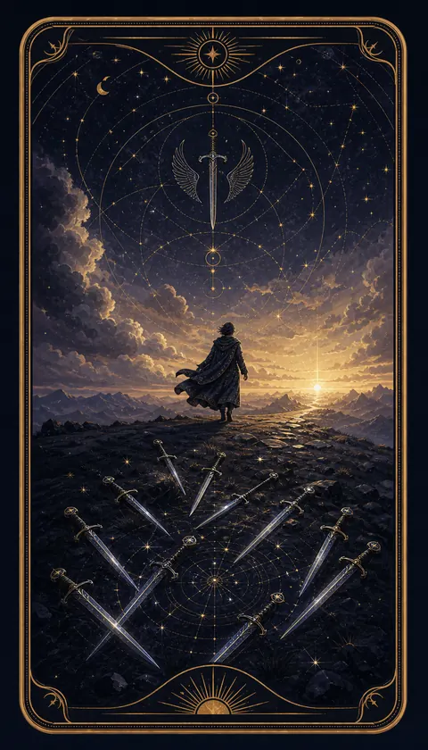 Ilustración celestial original de Mythborn para la carta Diez de Espadas.