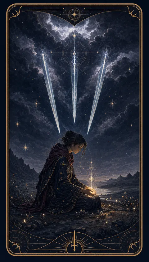 Ilustración celestial original de Mythborn para la carta Tres de Espadas.