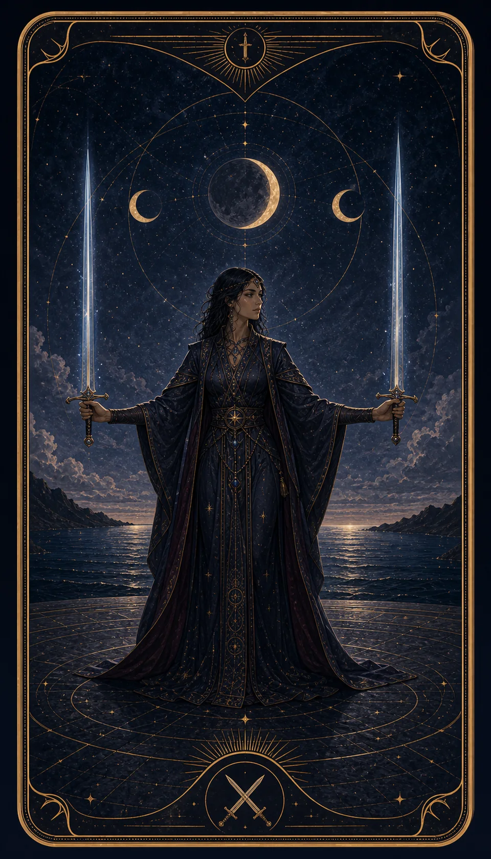 Ilustración celestial original de Mythborn para la carta Dos de Espadas.