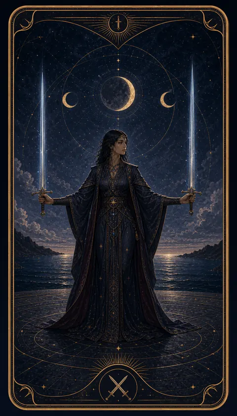 Ilustración celestial original de Mythborn para la carta Dos de Espadas.