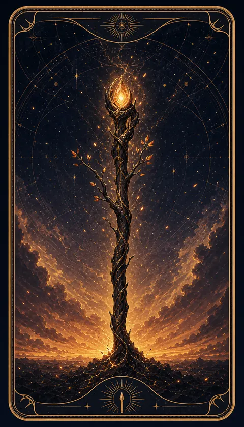 Ilustración celestial original de Mythborn para la carta As de Bastos.