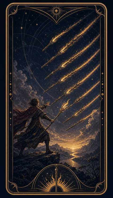 Ilustración celestial original de Mythborn para la carta Ocho de Bastos.