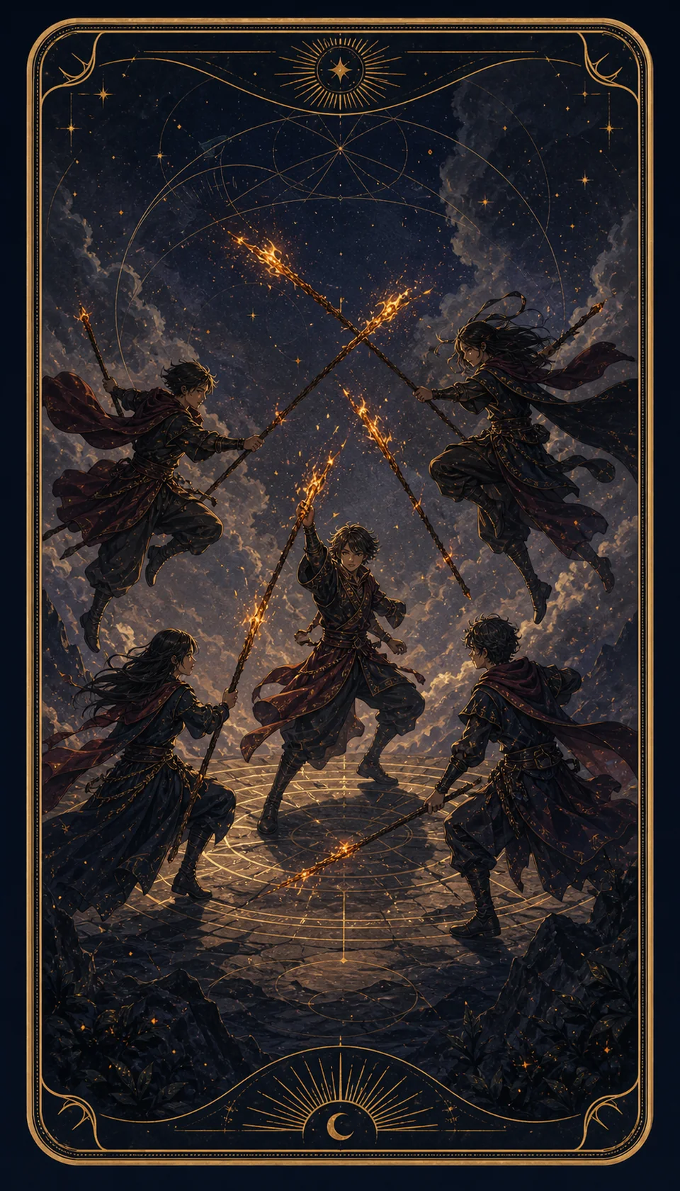 Ilustración celestial original de Mythborn para la carta Cinco de Bastos.