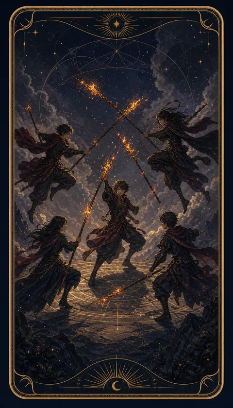 Ilustración celestial original de Mythborn para la carta Cinco de Bastos.