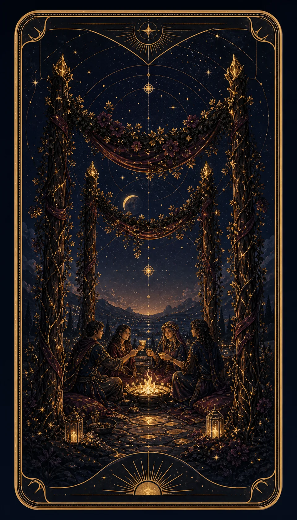 Ilustración celestial original de Mythborn para la carta Cuatro de Bastos.
