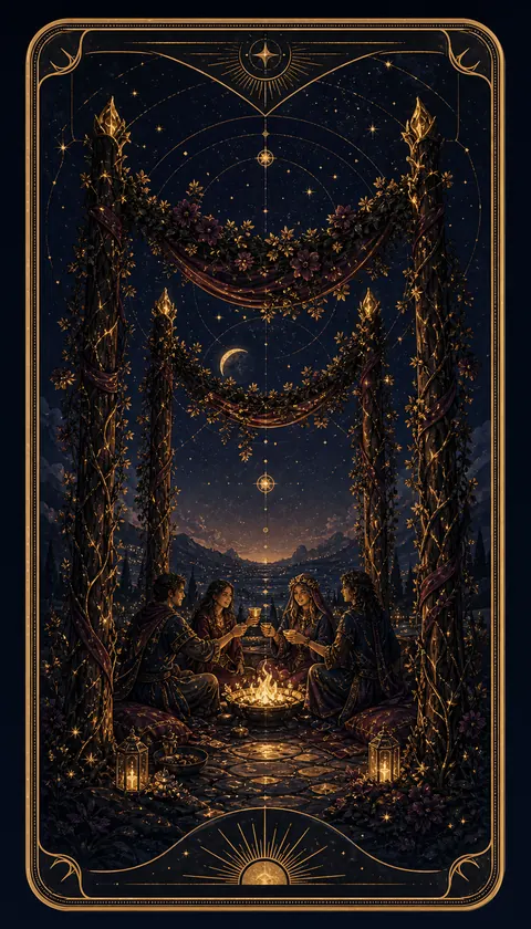 Ilustración celestial original de Mythborn para la carta Cuatro de Bastos.