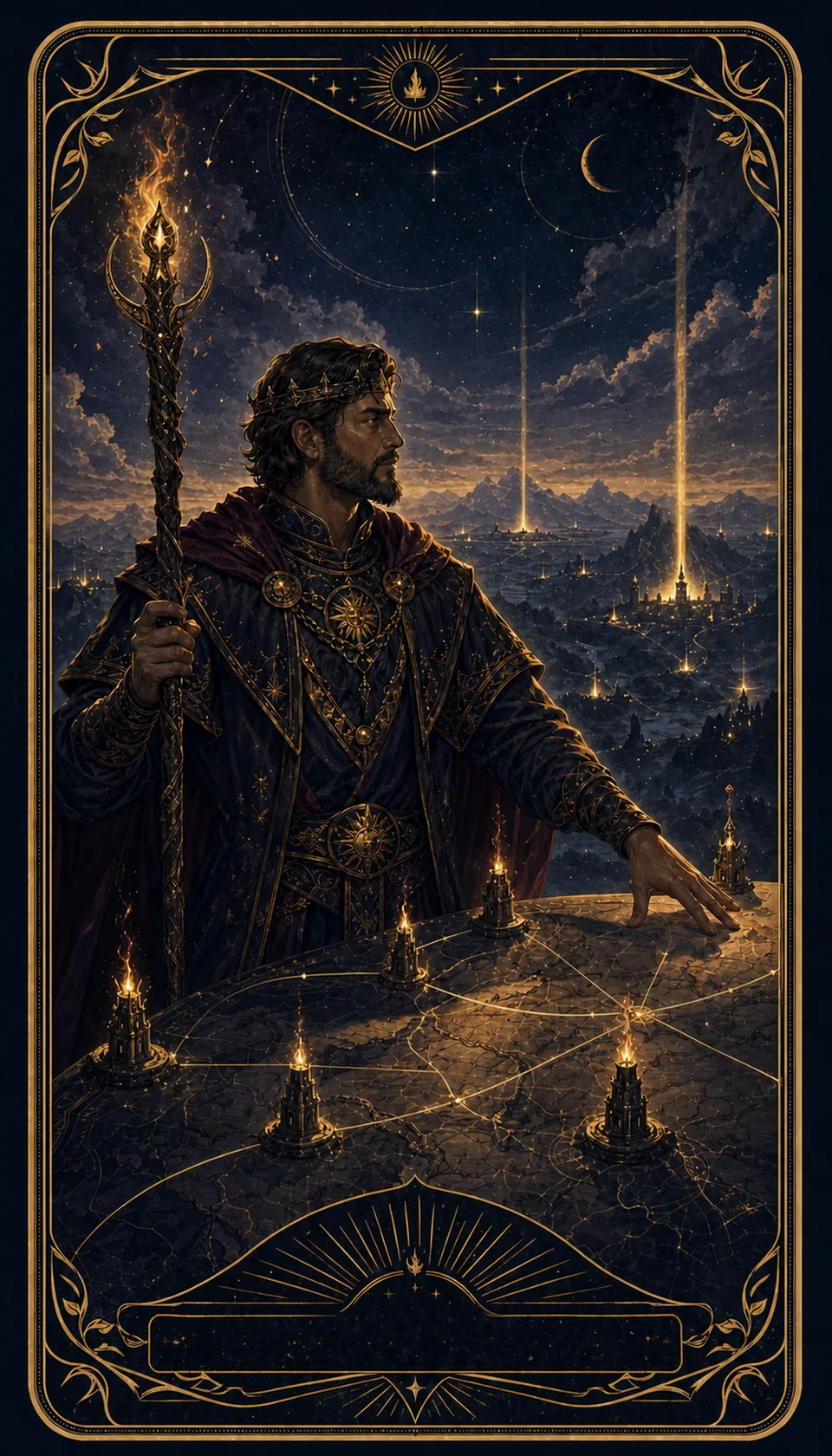 Ilustración celestial original de Mythborn para la carta Rey de Bastos.