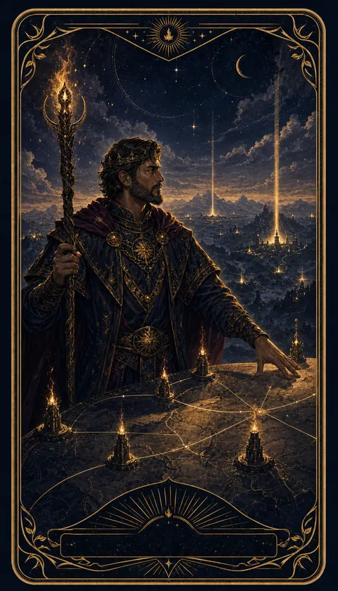 Ilustración celestial original de Mythborn para la carta Rey de Bastos.