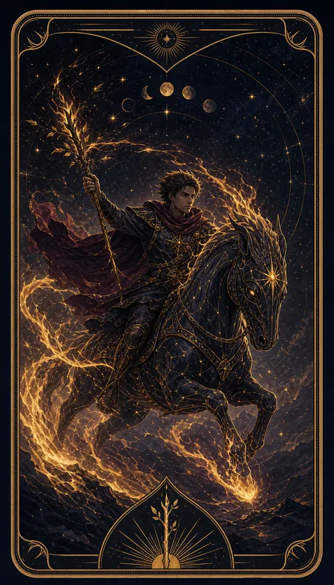 Ilustración celestial original de Mythborn para la carta Caballero de Bastos.