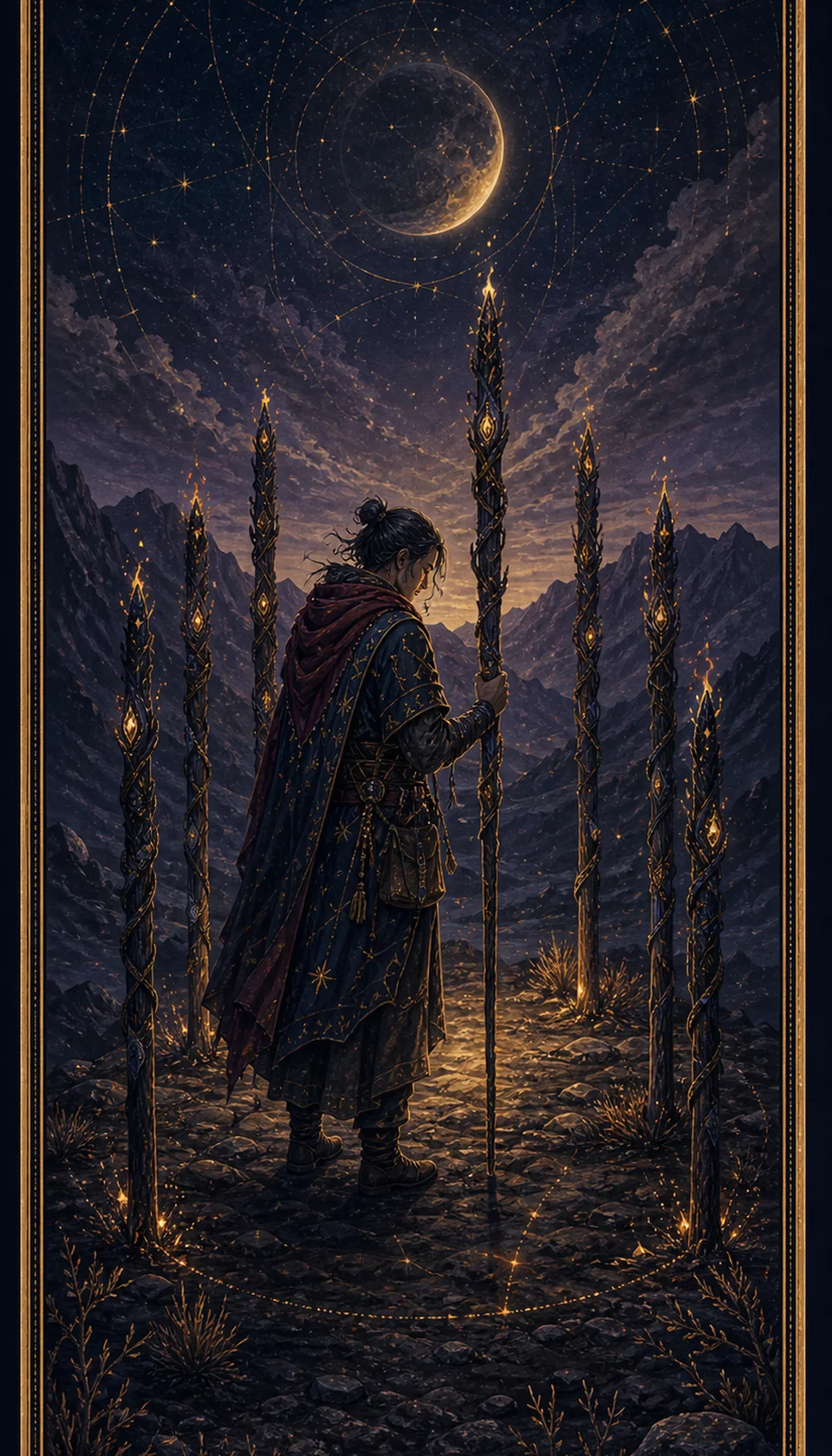 Ilustración celestial original de Mythborn para la carta Nueve de Bastos.