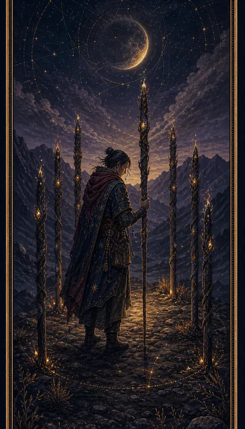 Ilustración celestial original de Mythborn para la carta Nueve de Bastos.