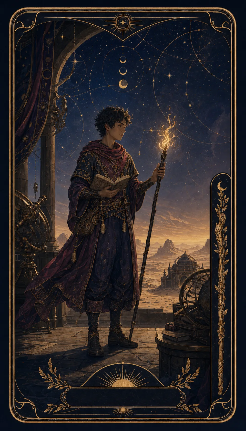 Ilustración celestial original de Mythborn para la carta Sota de Bastos.