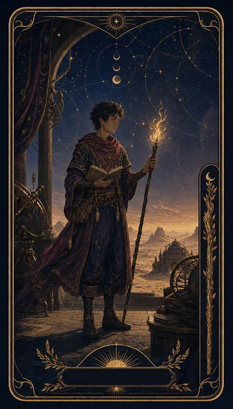 Ilustración celestial original de Mythborn para la carta Sota de Bastos.