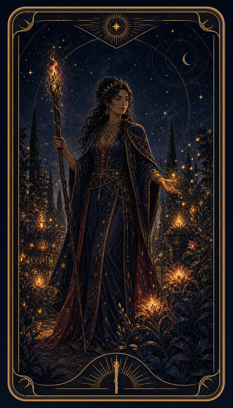 Ilustración celestial original de Mythborn para la carta Reina de Bastos.