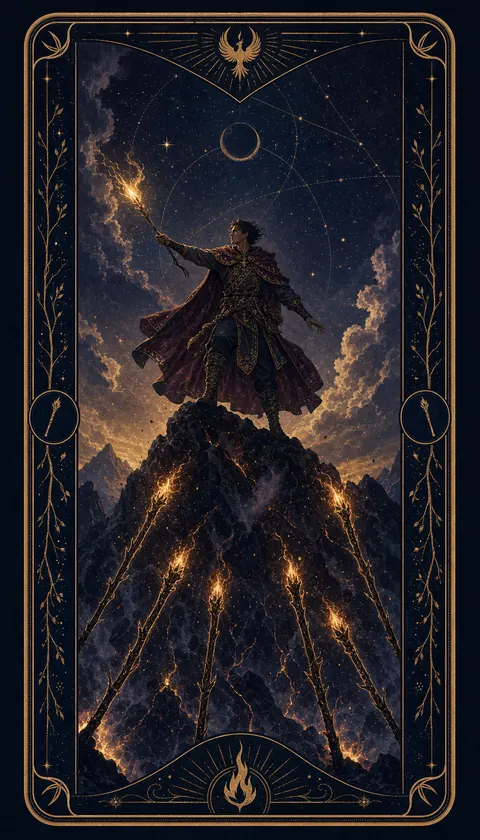 Ilustración celestial original de Mythborn para la carta Siete de Bastos.