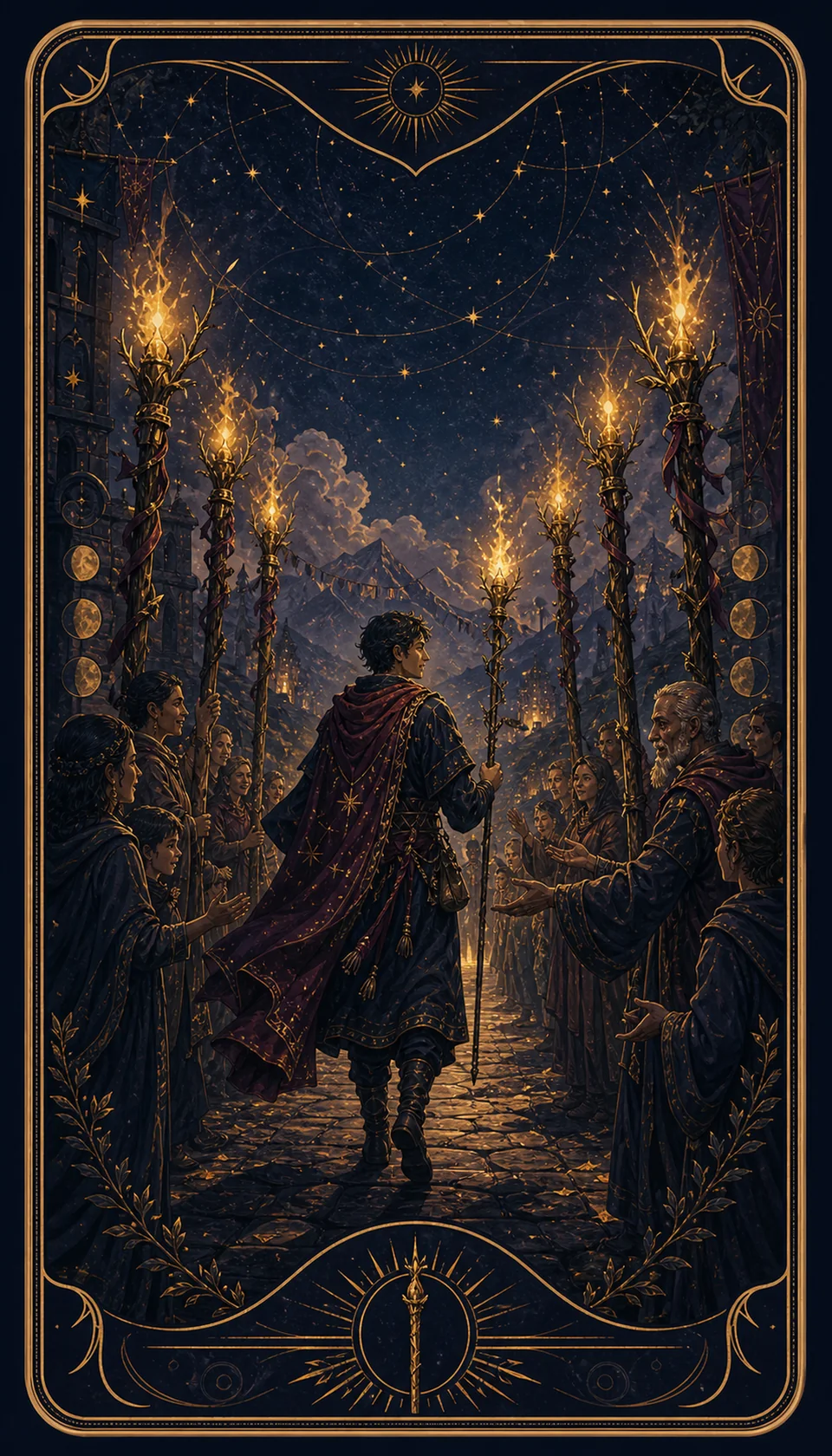 Ilustración celestial original de Mythborn para la carta Seis de Bastos.