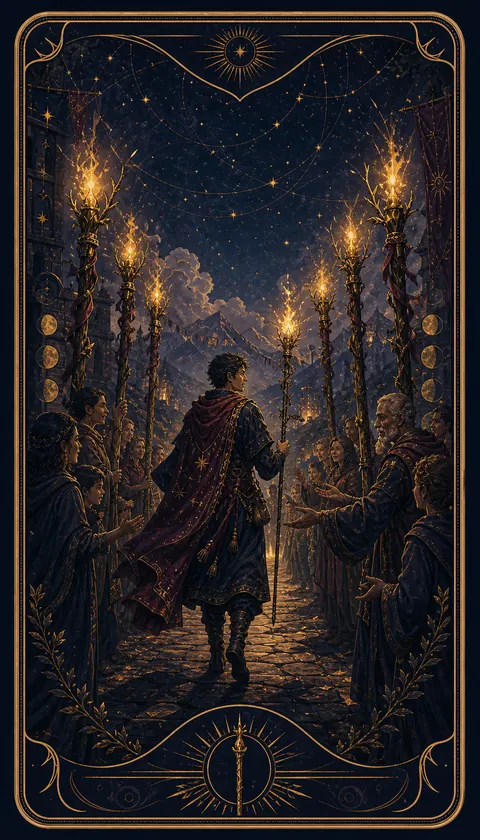 Ilustración celestial original de Mythborn para la carta Seis de Bastos.