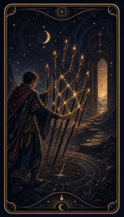 Ilustración celestial original de Mythborn para la carta Diez de Bastos.