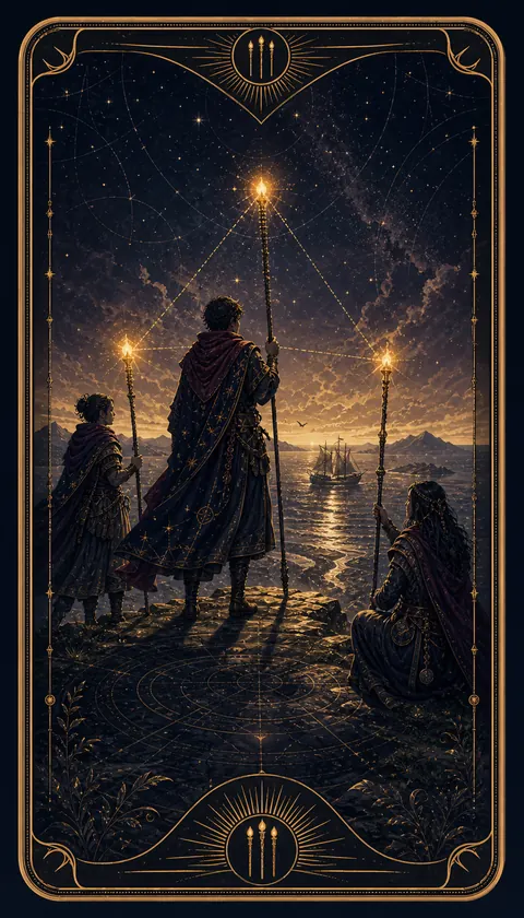 Ilustración celestial original de Mythborn para la carta Tres de Bastos.