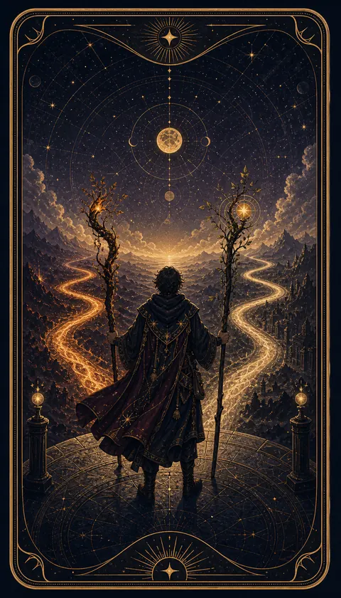 Ilustración celestial original de Mythborn para la carta Dos de Bastos.